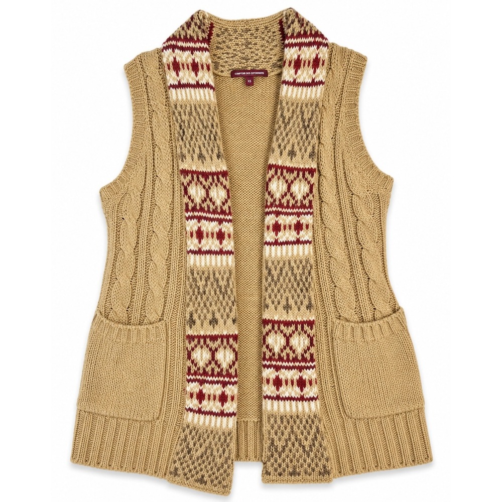 Rustic Boho Cardigan Cottagecore Sweater Fisherman Vest Fair Isle Trim Womens XL